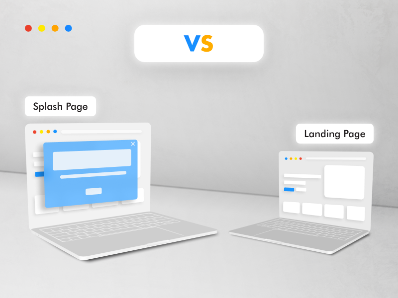 On the left side is an illustration of a splash page, while on the opposite side is an illustration of a landing page.