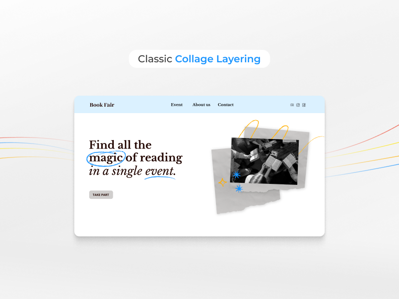 Classic collage layering in scrapbook style web design