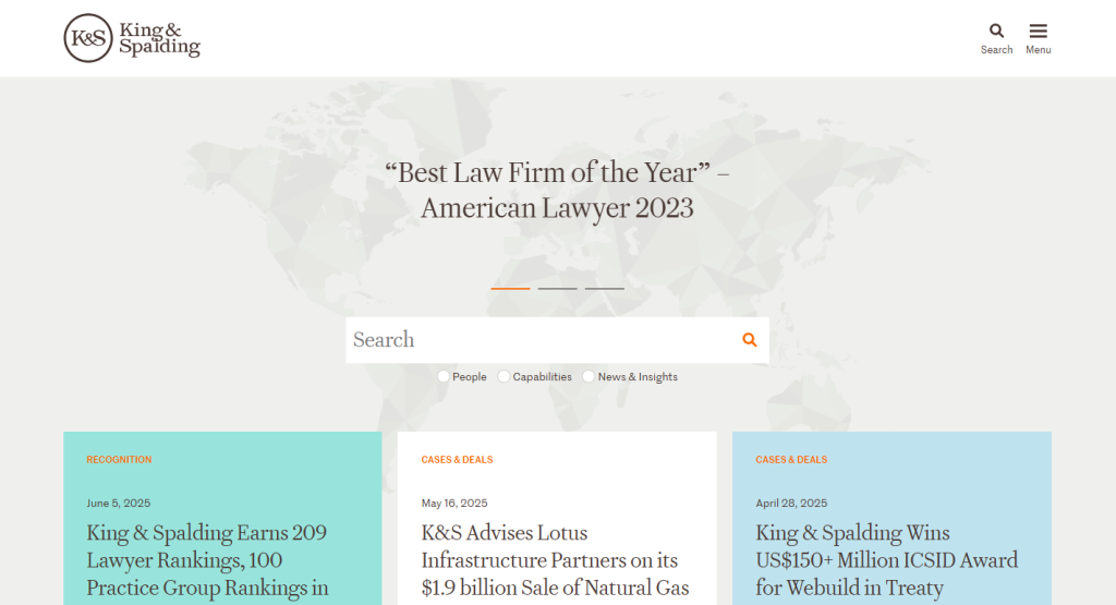 King & Spalding – Elegant, refined, and trustworthy law firm website.