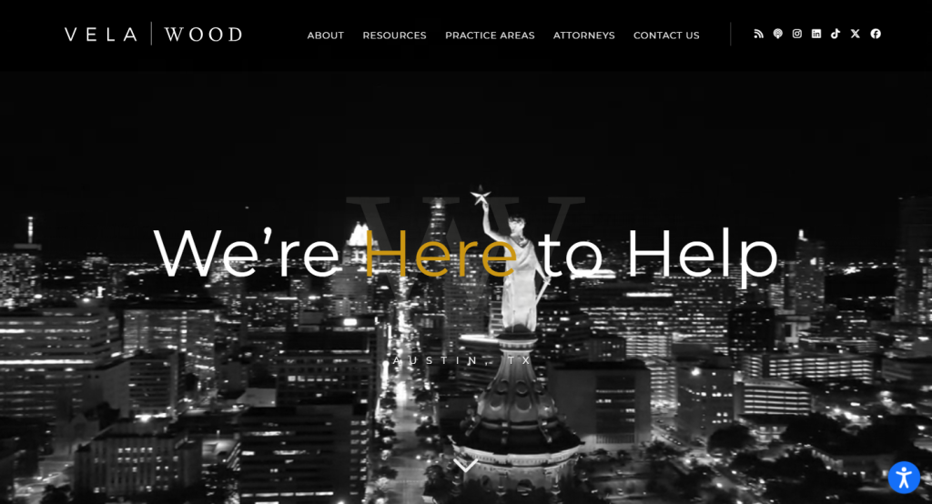 Vela Wood – Transparent, strategic, and clean law firm website.