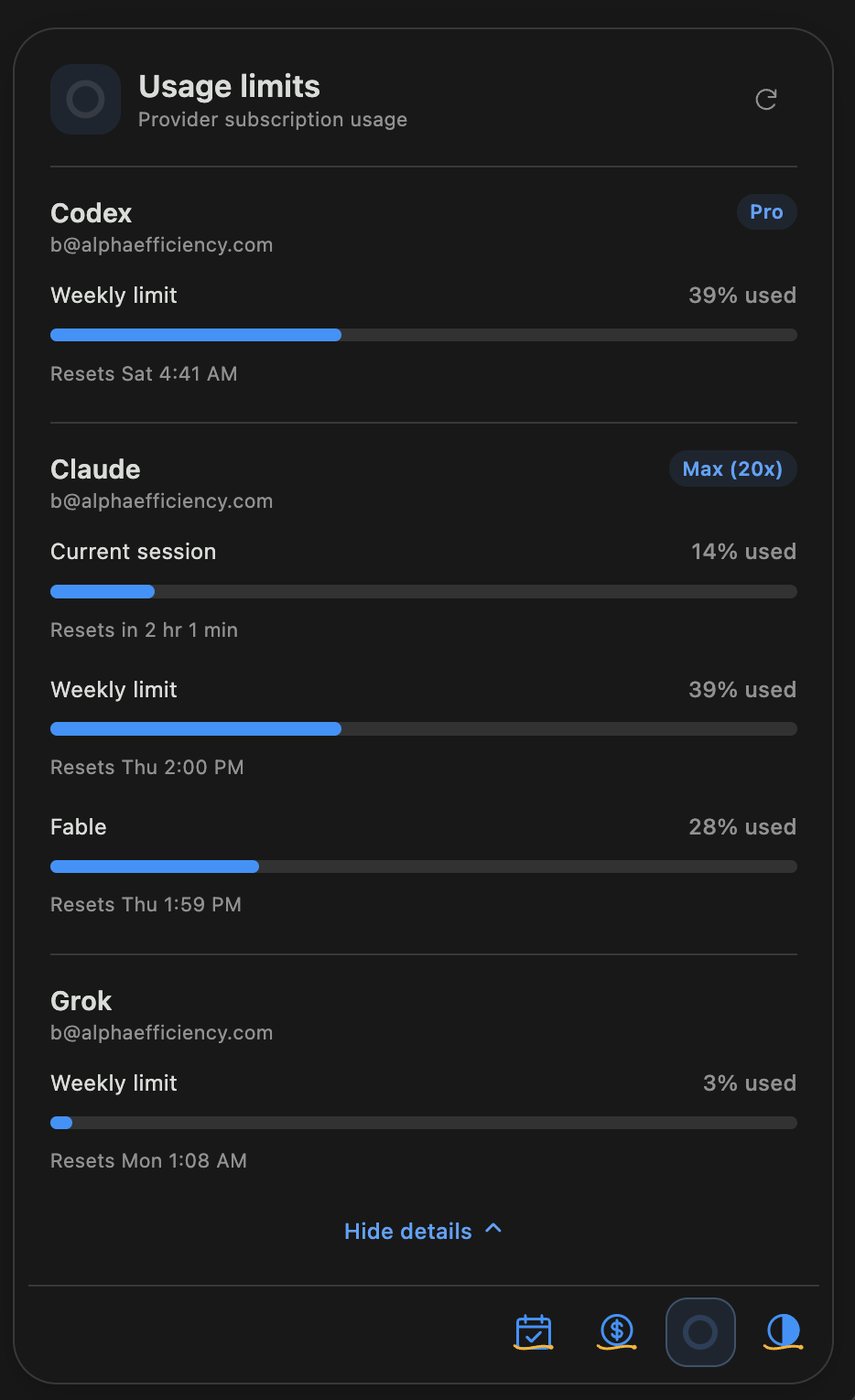 Provider usage panel showing Codex at 39 percent weekly usage, Claude at 14 percent current-session usage and 39 percent weekly usage, and Grok at 3 percent weekly usage